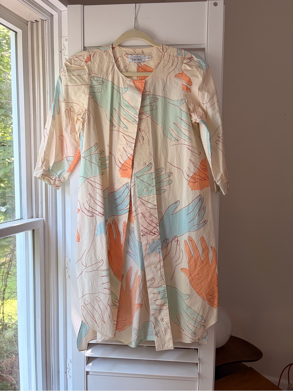 Hand-Print Button Front Midi Dress in Cream, Orange & Light Blue